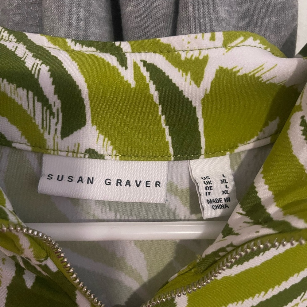 Susan Graver Olive and White Abstract Blouse